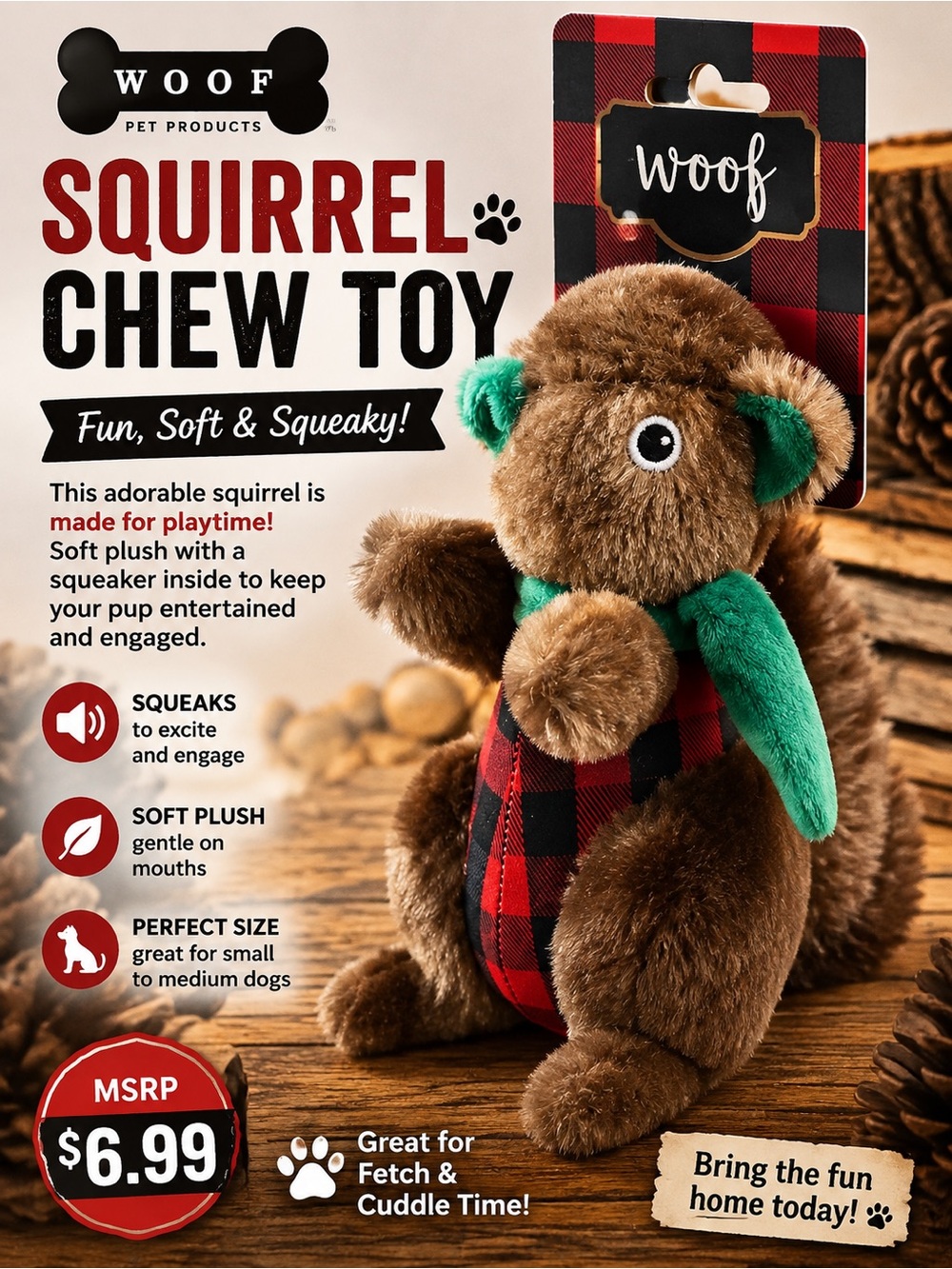 Woof Brown & Green Squirrel Chew Toy - Plush Squeaky Dog Toy